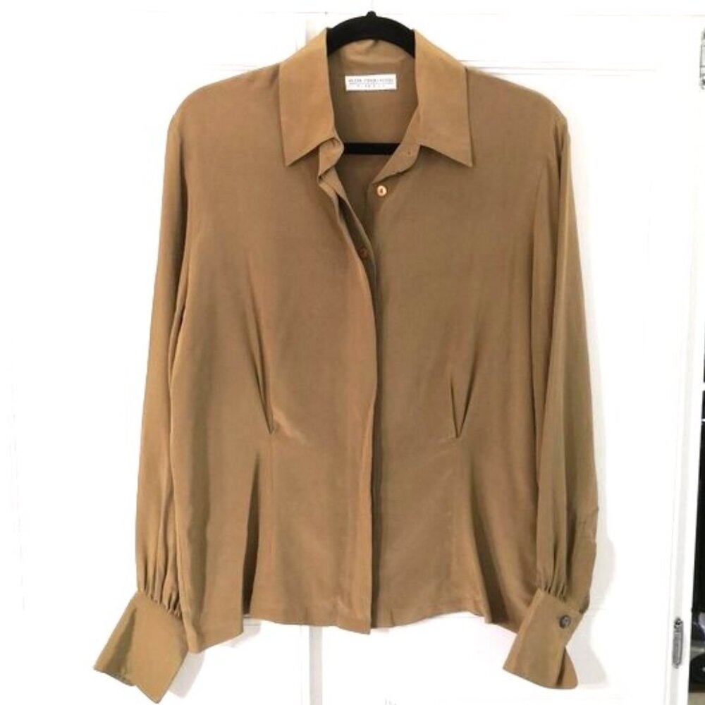 Valerie Stevens Silk Long Sleeve Button-Up Top Camel Color Size 10P
